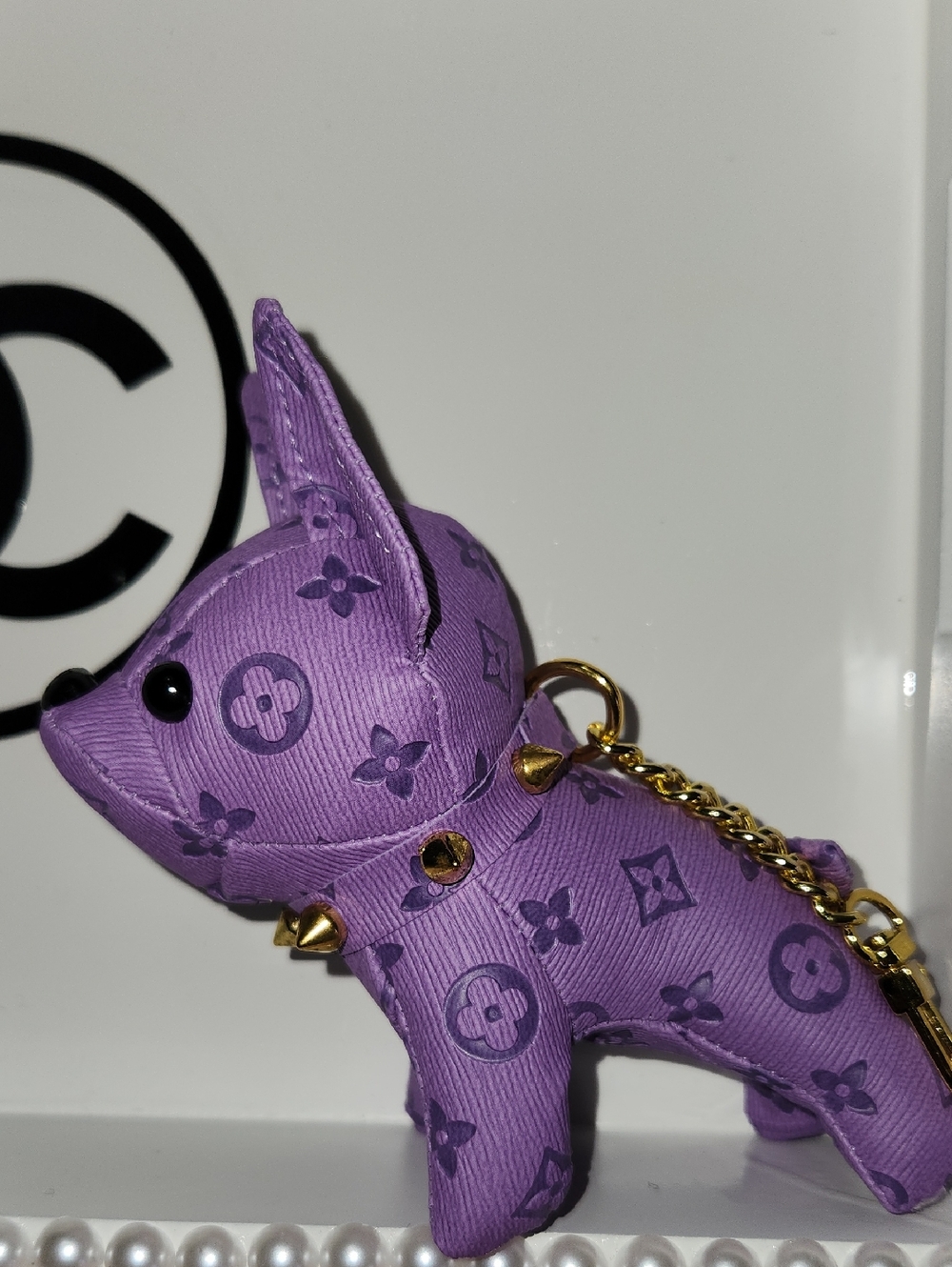 Purple Designer-Inspired Dog Charm Keyring with Gold Hardware